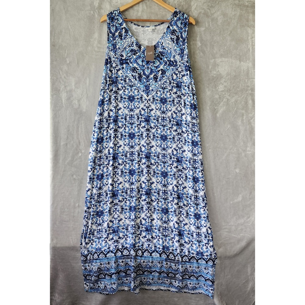 J. Jill Maxi Dress Womens Size 1X Blue Floral Print Split Hem Stretch Knit NWT
